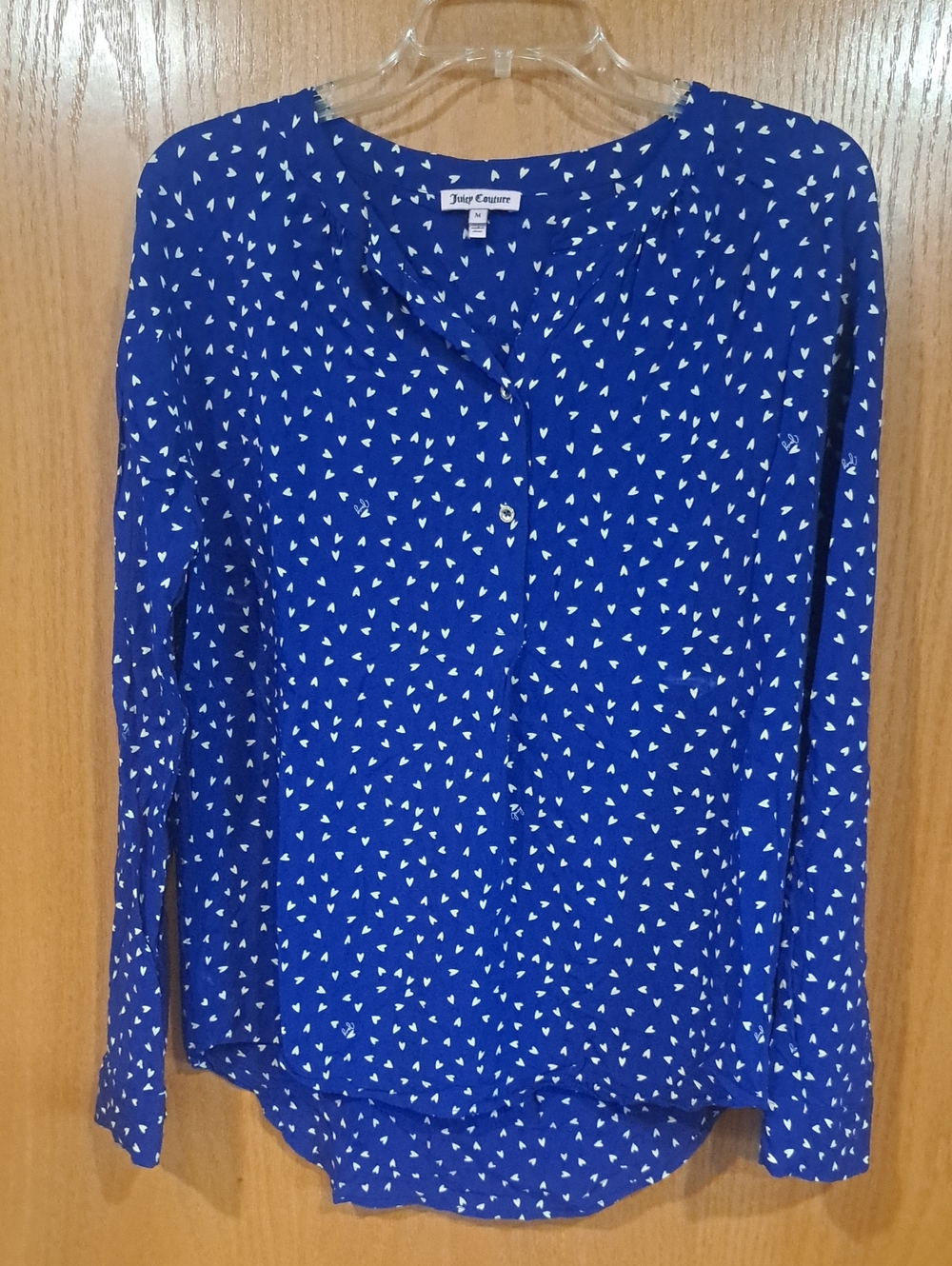Juicy Couture Cobalt Blue Heart-Print Button Front Blouse Medium
